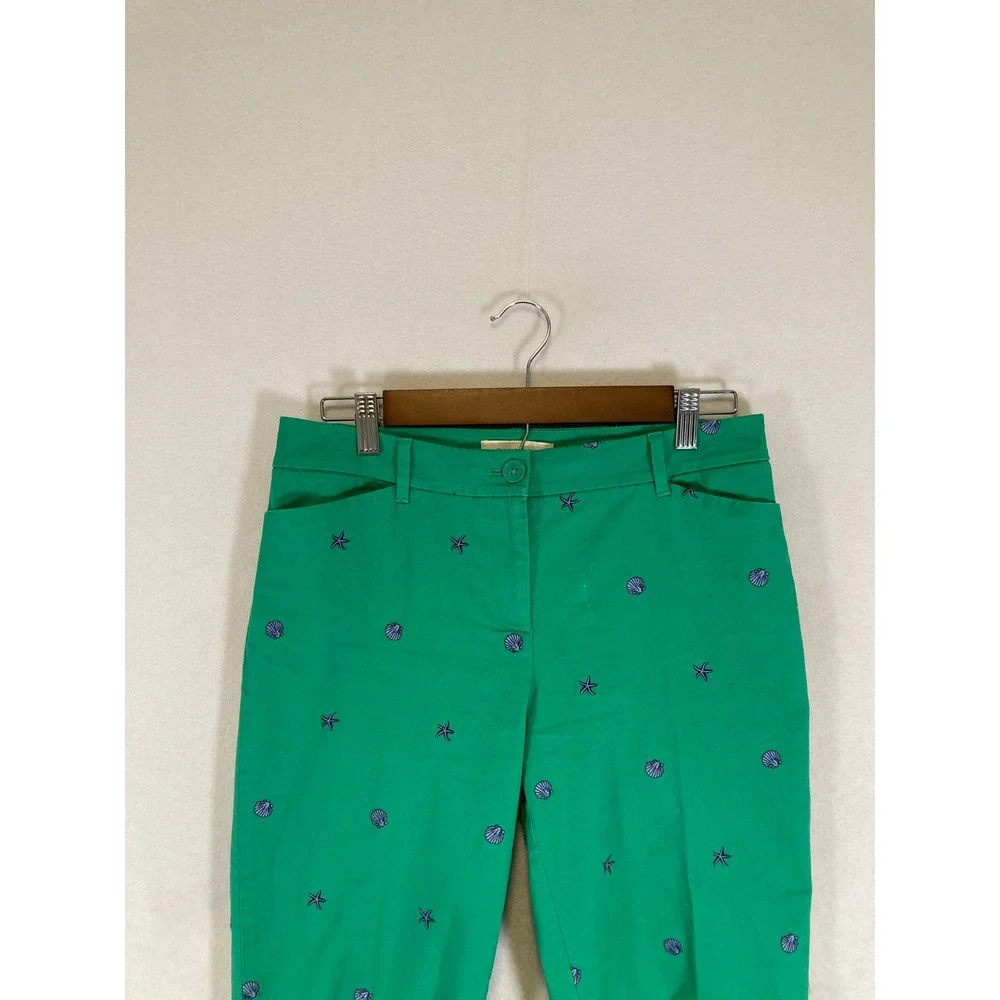 Coastal Preppy Talbots Women 4P Green‎ Embroidered Shell Starfish Ankle Pants
